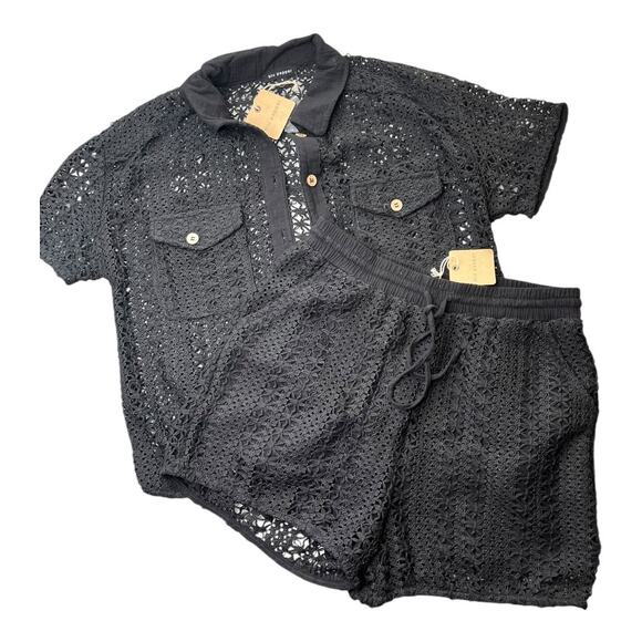 Blu Pepper 2-pc set outfit button shirt & shorts medium black crochet lace NWT - Picture 1 of 9
